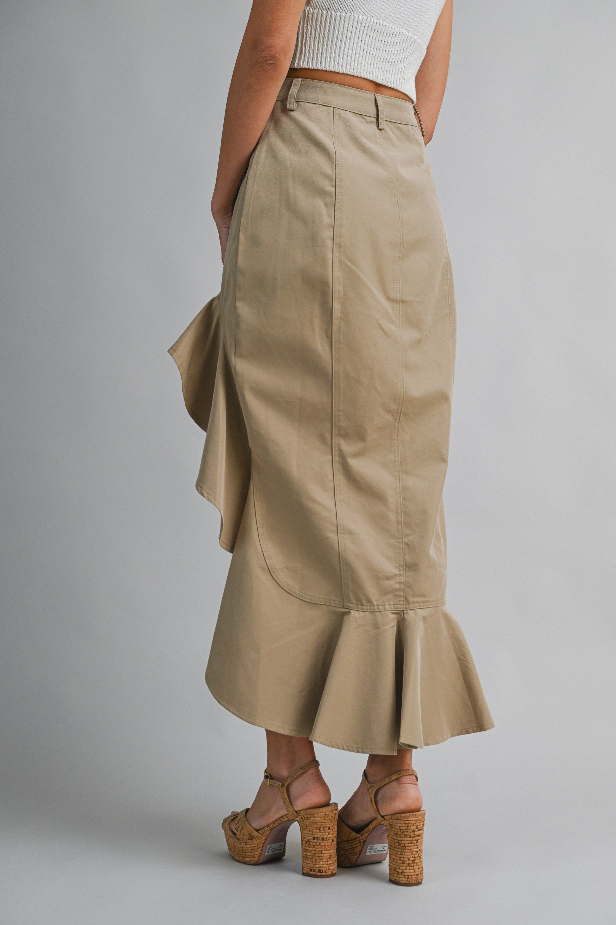 Asymmetric Solid Twill Ruffle Hem Midi Skirt