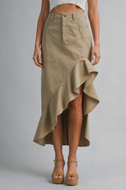 Asymmetric Solid Twill Ruffle Hem Midi Skirt