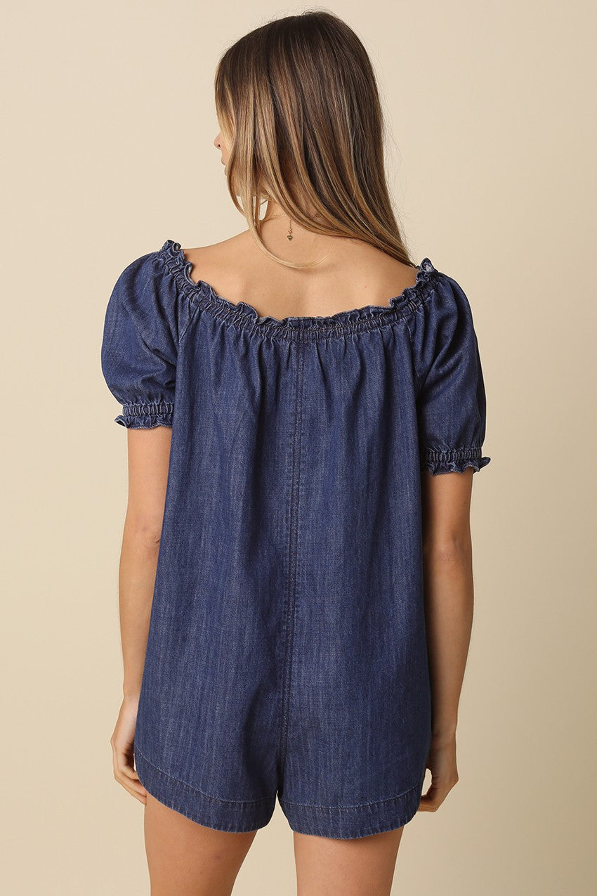 Nadia Denim Puff-sleeve Romper