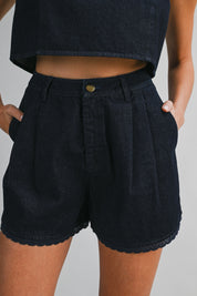 Denim Lace Trim Sleeveless Crop Top And Shorts Set