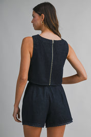 Denim Lace Trim Sleeveless Crop Top And Shorts Set