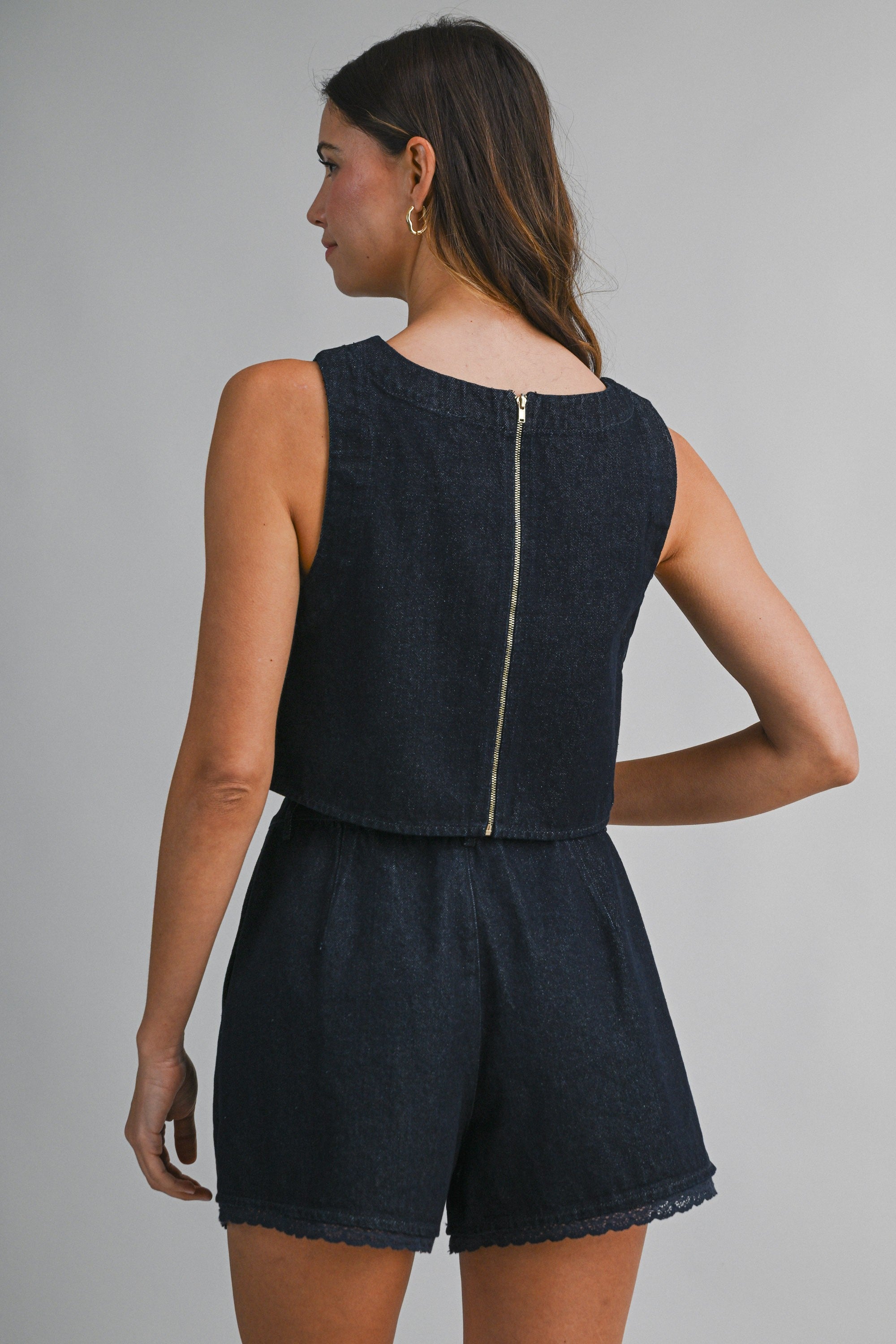 Denim Lace Trim Sleeveless Crop Top And Shorts Set