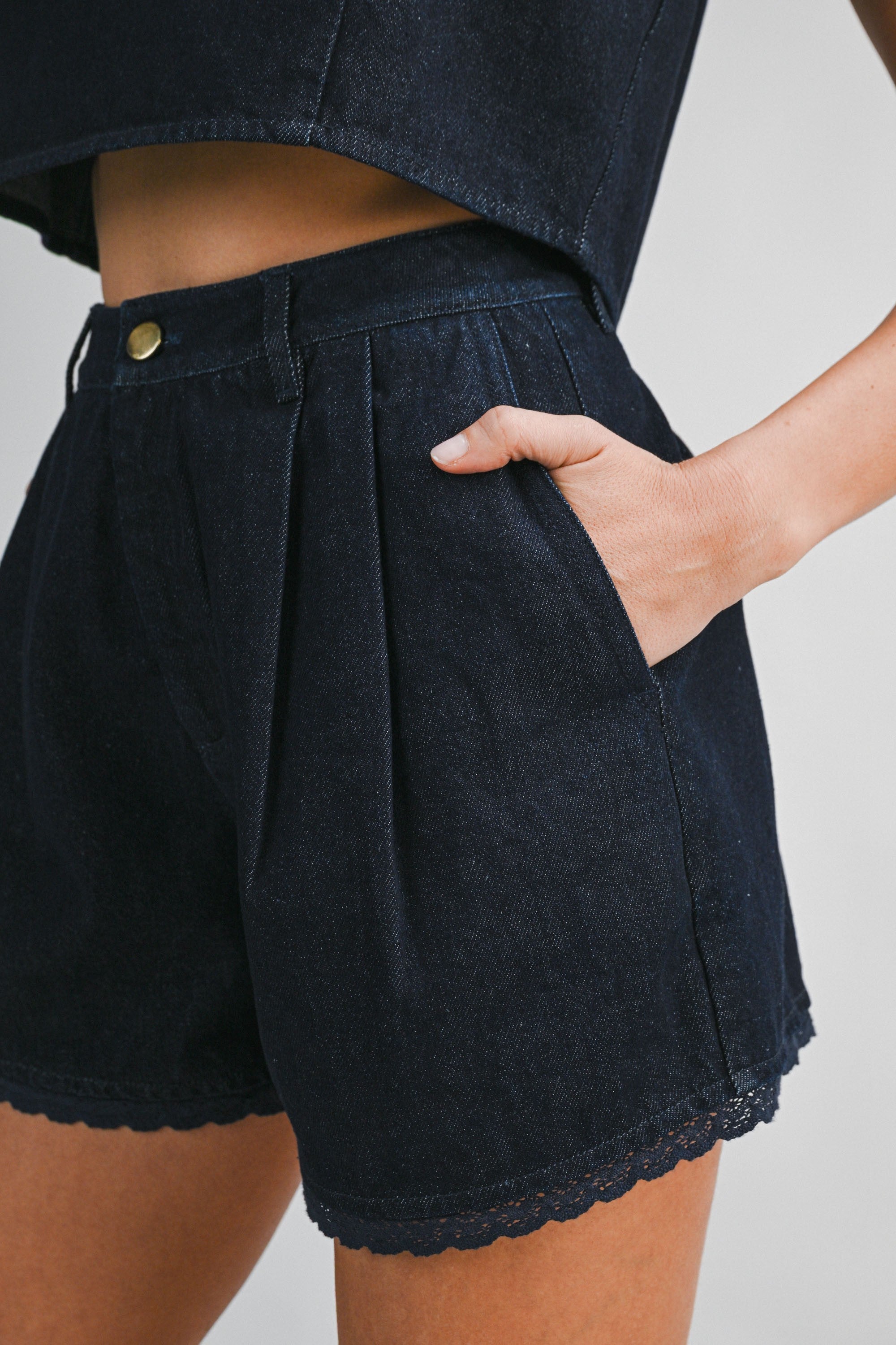 Denim Lace Trim Sleeveless Crop Top And Shorts Set