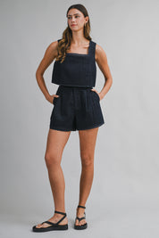 Denim Lace Trim Sleeveless Crop Top And Shorts Set