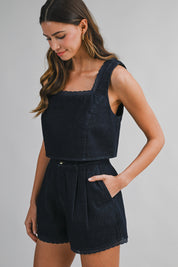 Denim Lace Trim Sleeveless Crop Top And Shorts Set