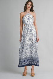 Paisley Print Halter Neck Open Back Maxi Dress