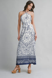 Paisley Print Halter Neck Open Back Maxi Dress
