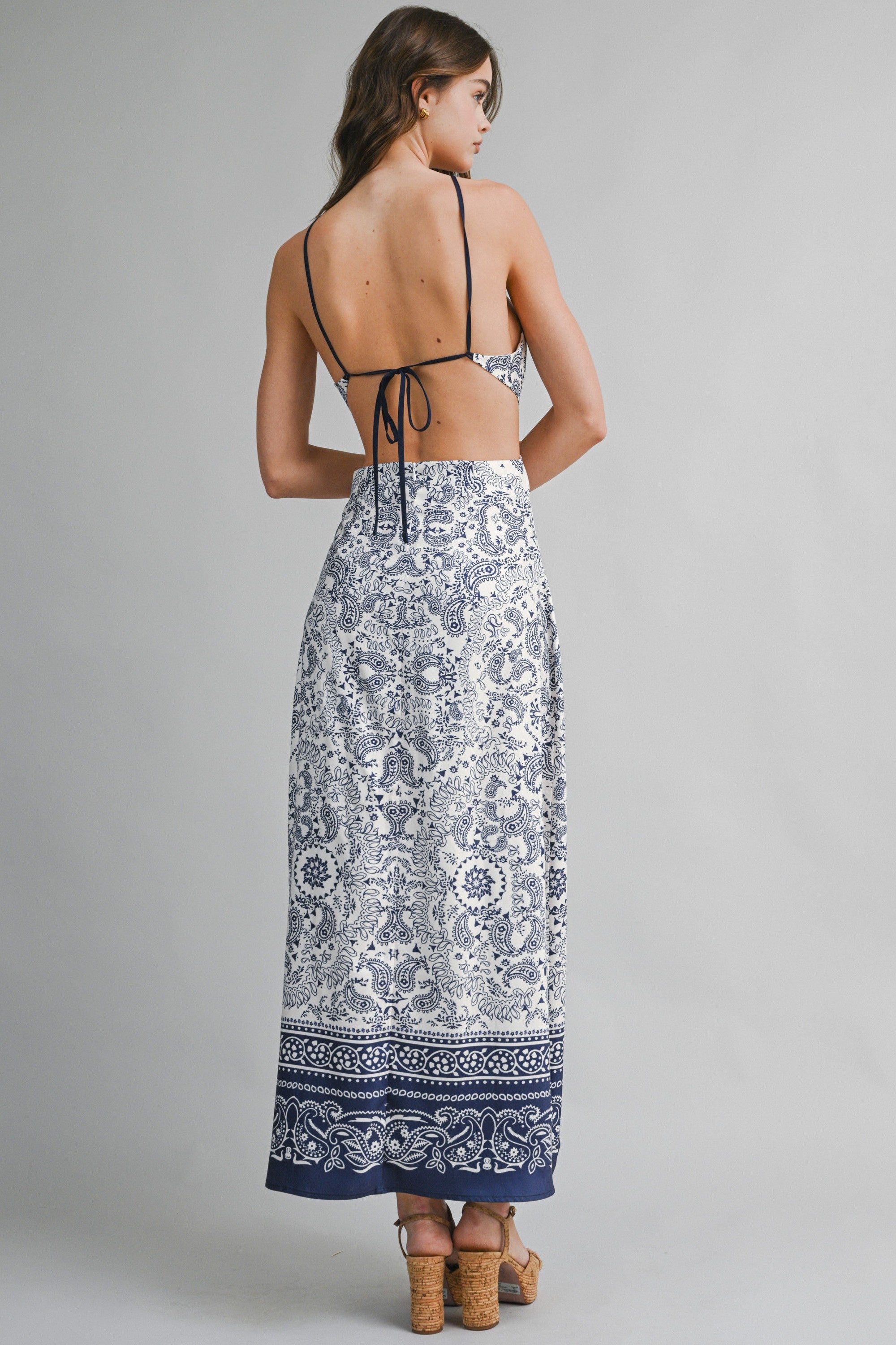 Paisley Print Halter Neck Open Back Maxi Dress