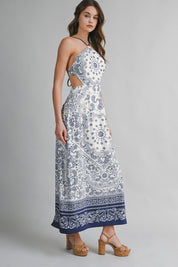 Paisley Print Halter Neck Open Back Maxi Dress