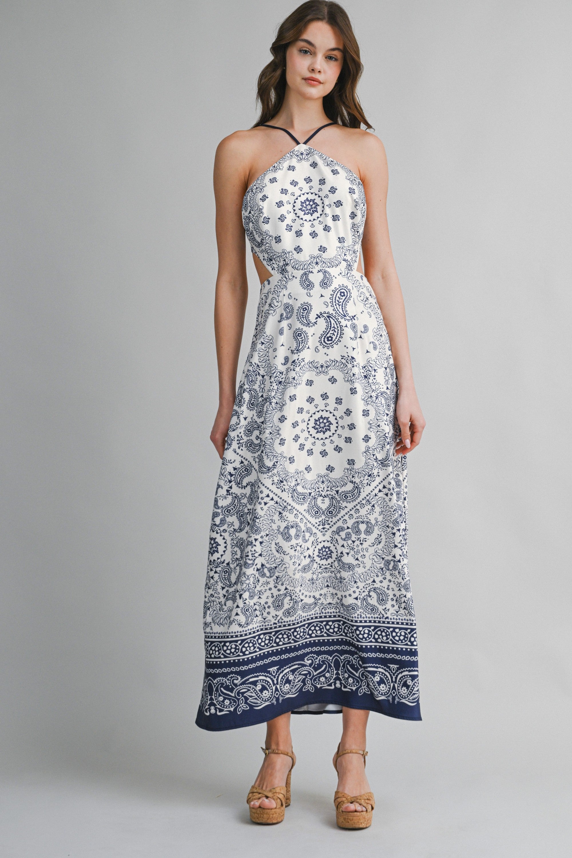 Paisley Print Halter Neck Open Back Maxi Dress