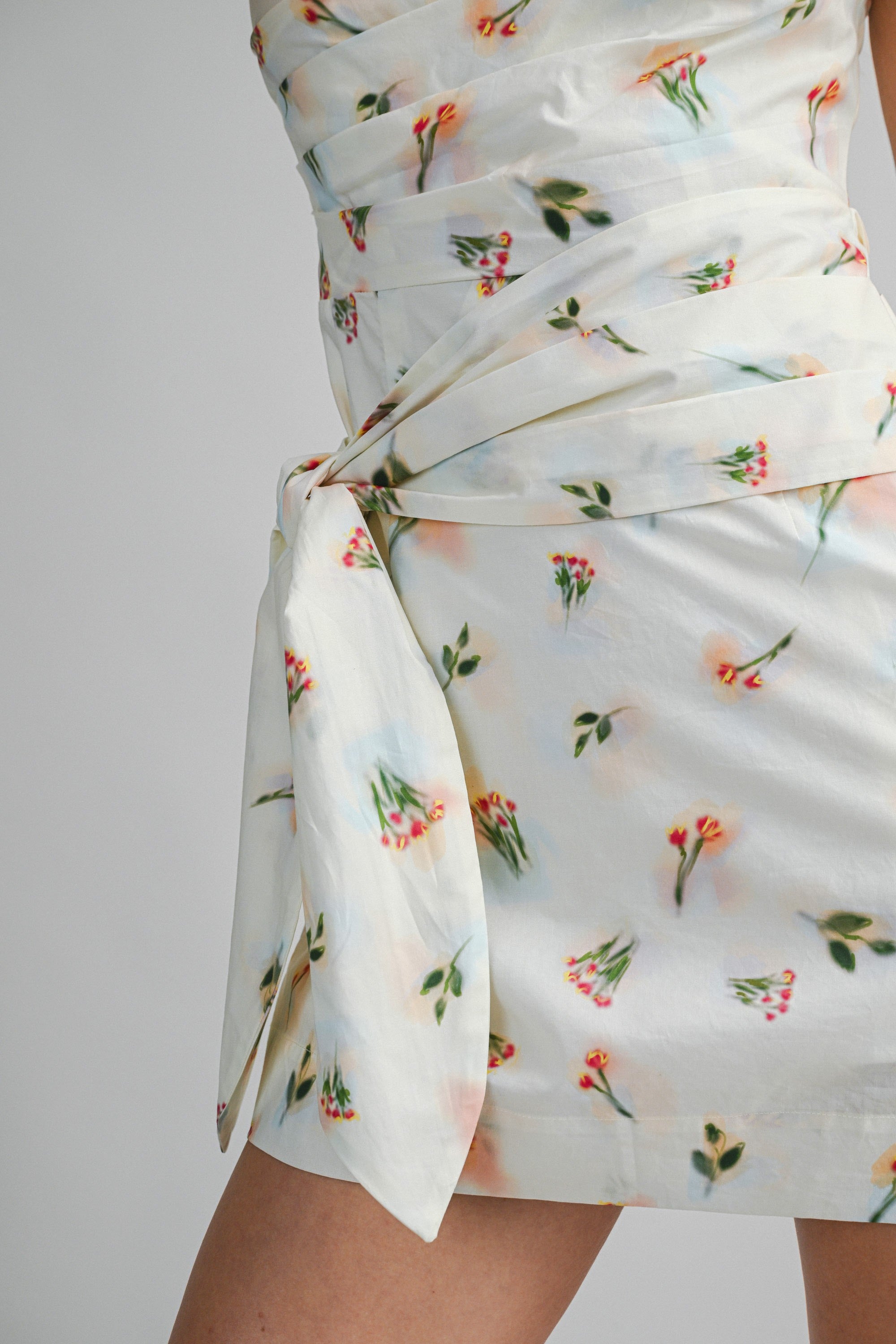 One Shoulder Floral Print Ruched Bodice Mini Dress
