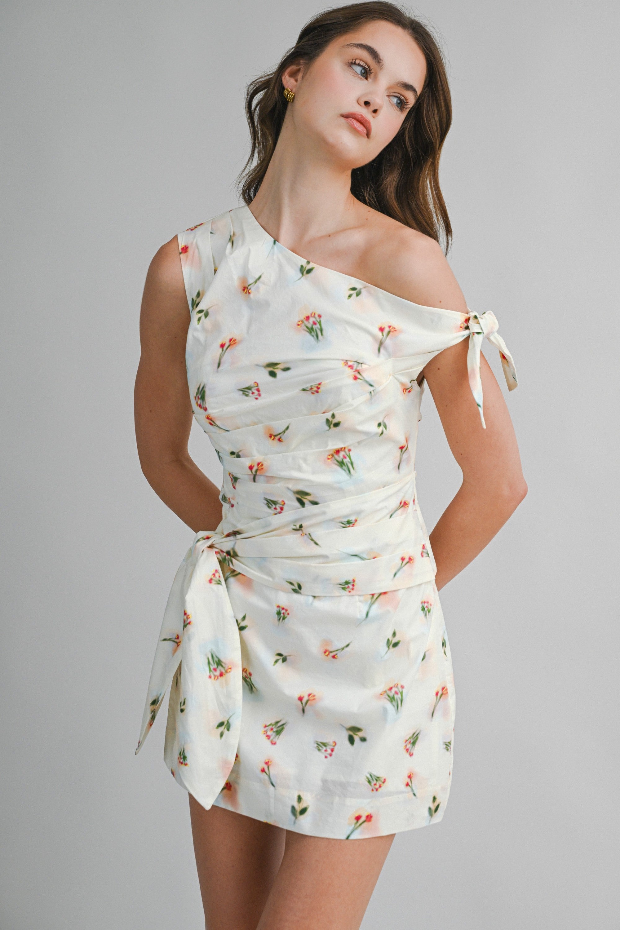 One Shoulder Floral Print Ruched Bodice Mini Dress