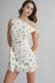 One Shoulder Floral Print Ruched Bodice Mini Dress