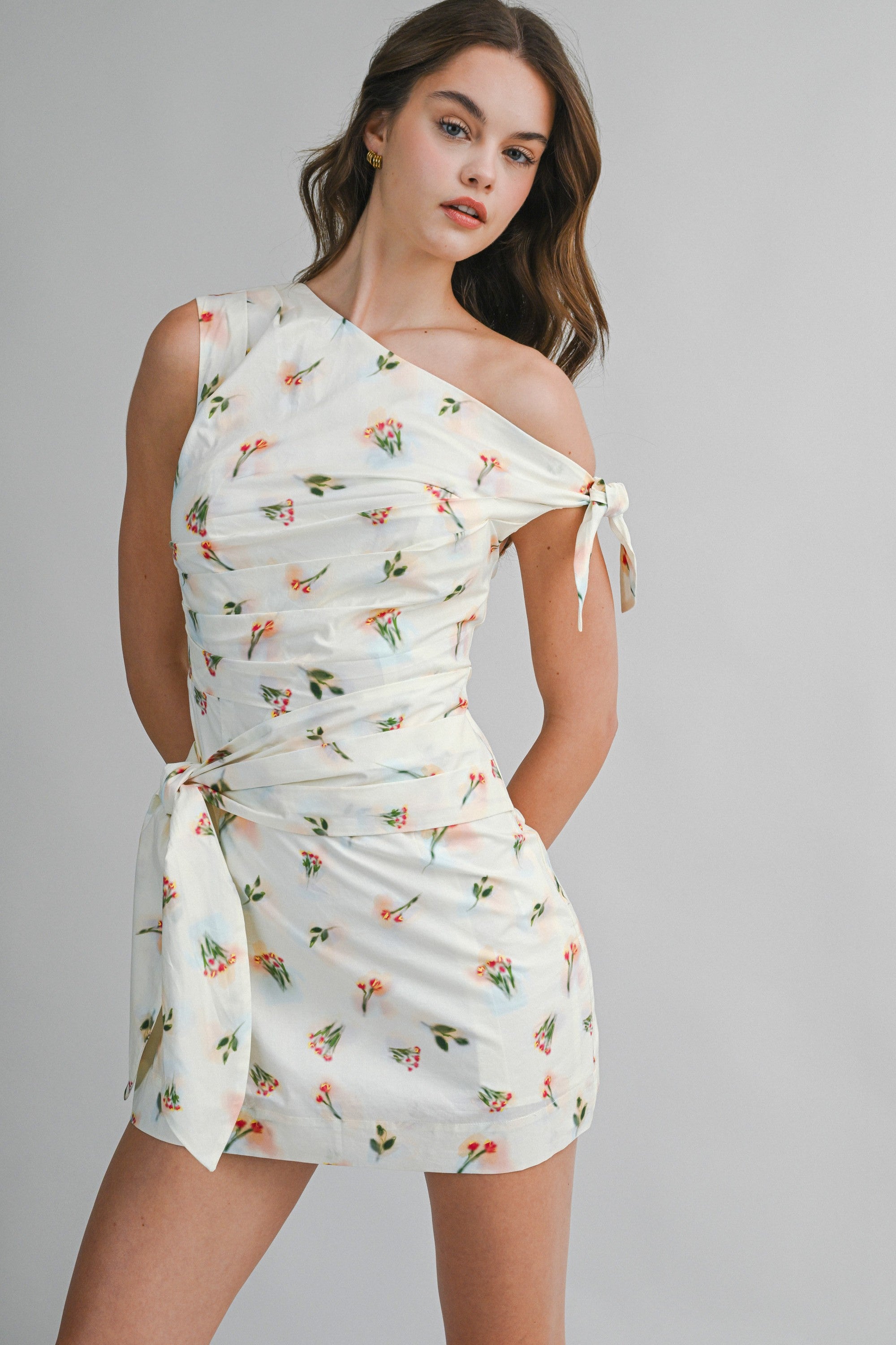 One Shoulder Floral Print Ruched Bodice Mini Dress