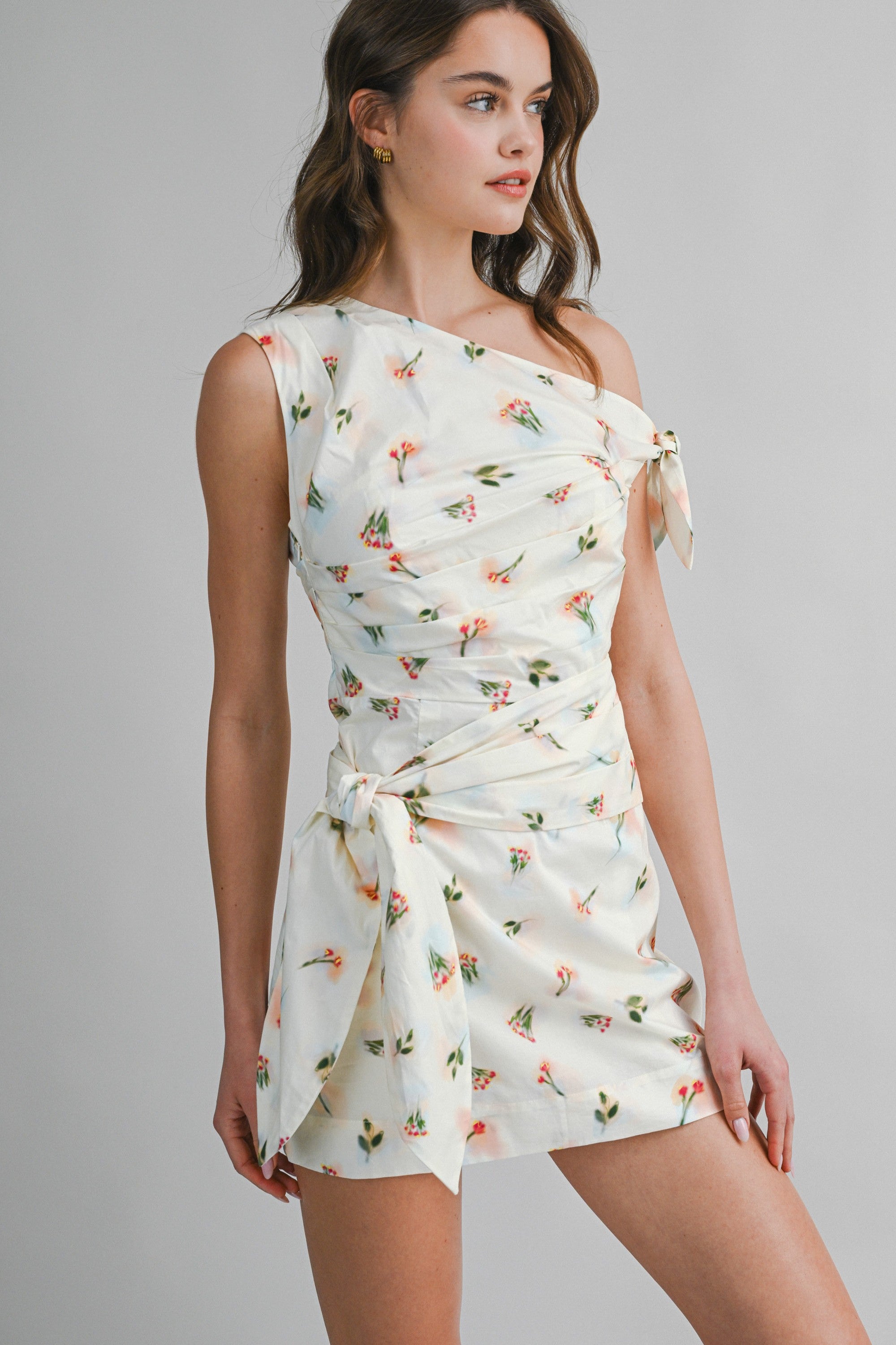 One Shoulder Floral Print Ruched Bodice Mini Dress