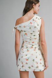 One Shoulder Floral Print Ruched Bodice Mini Dress