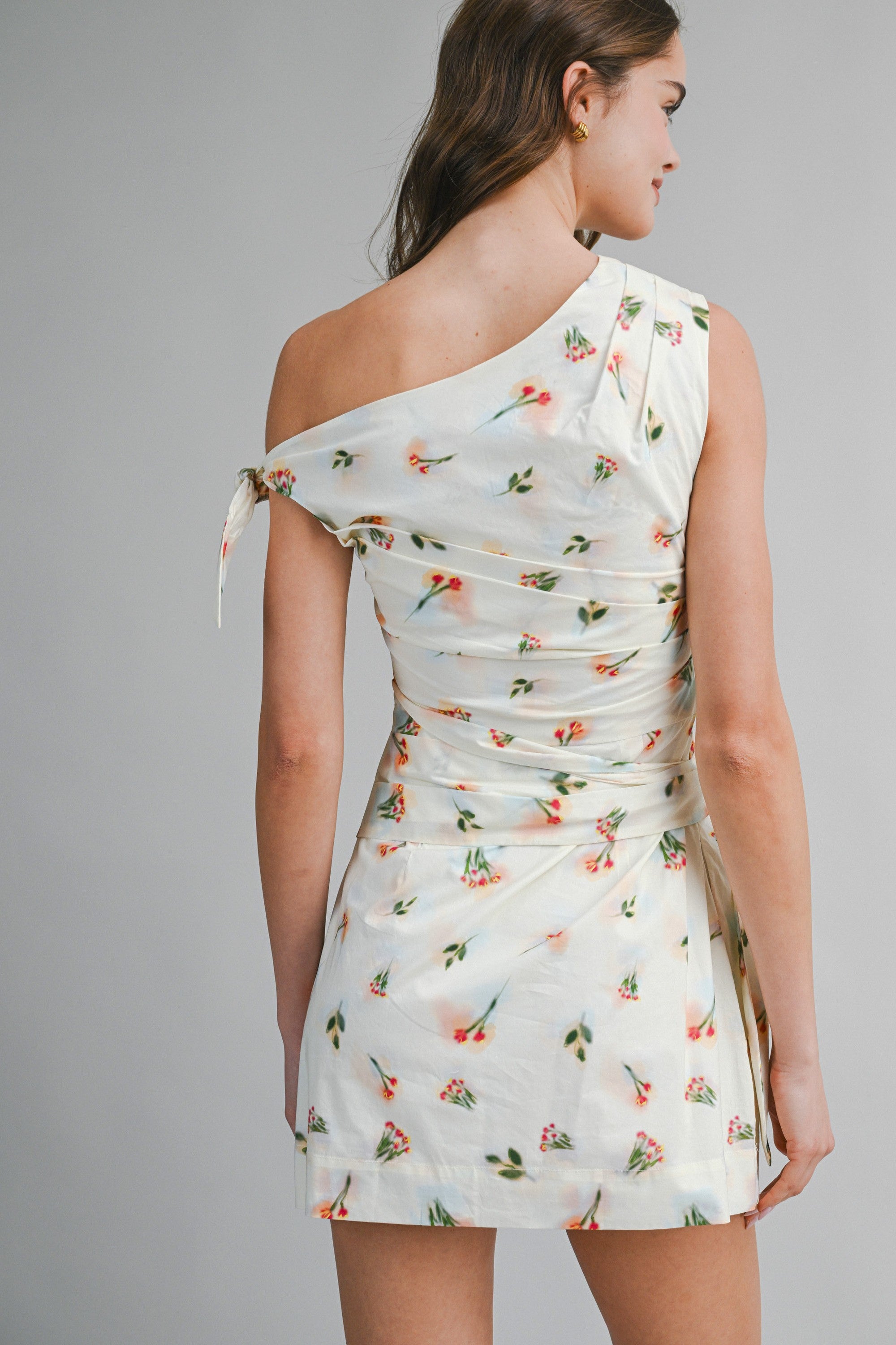 One Shoulder Floral Print Ruched Bodice Mini Dress
