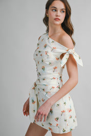 One Shoulder Floral Print Ruched Bodice Mini Dress