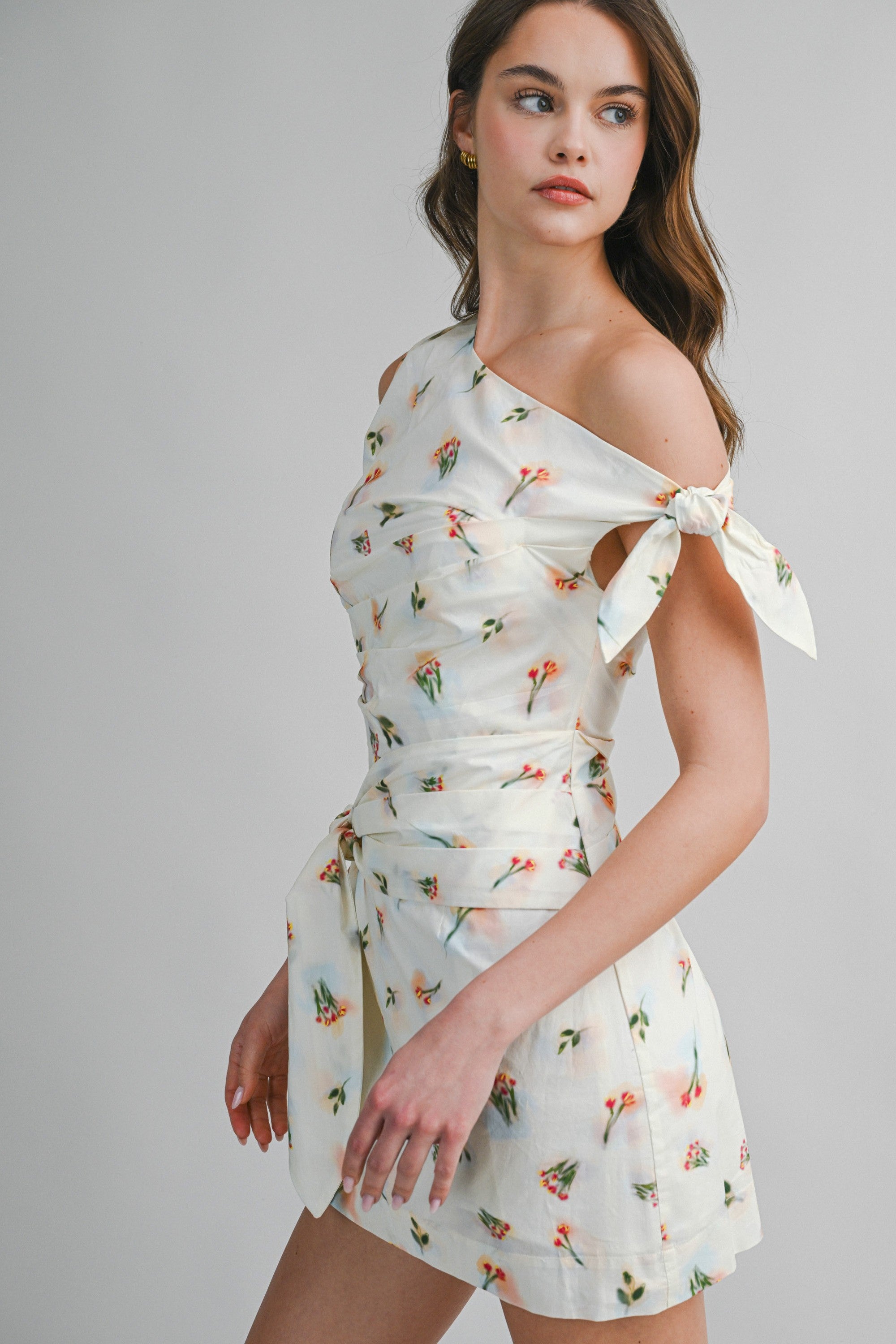 One Shoulder Floral Print Ruched Bodice Mini Dress