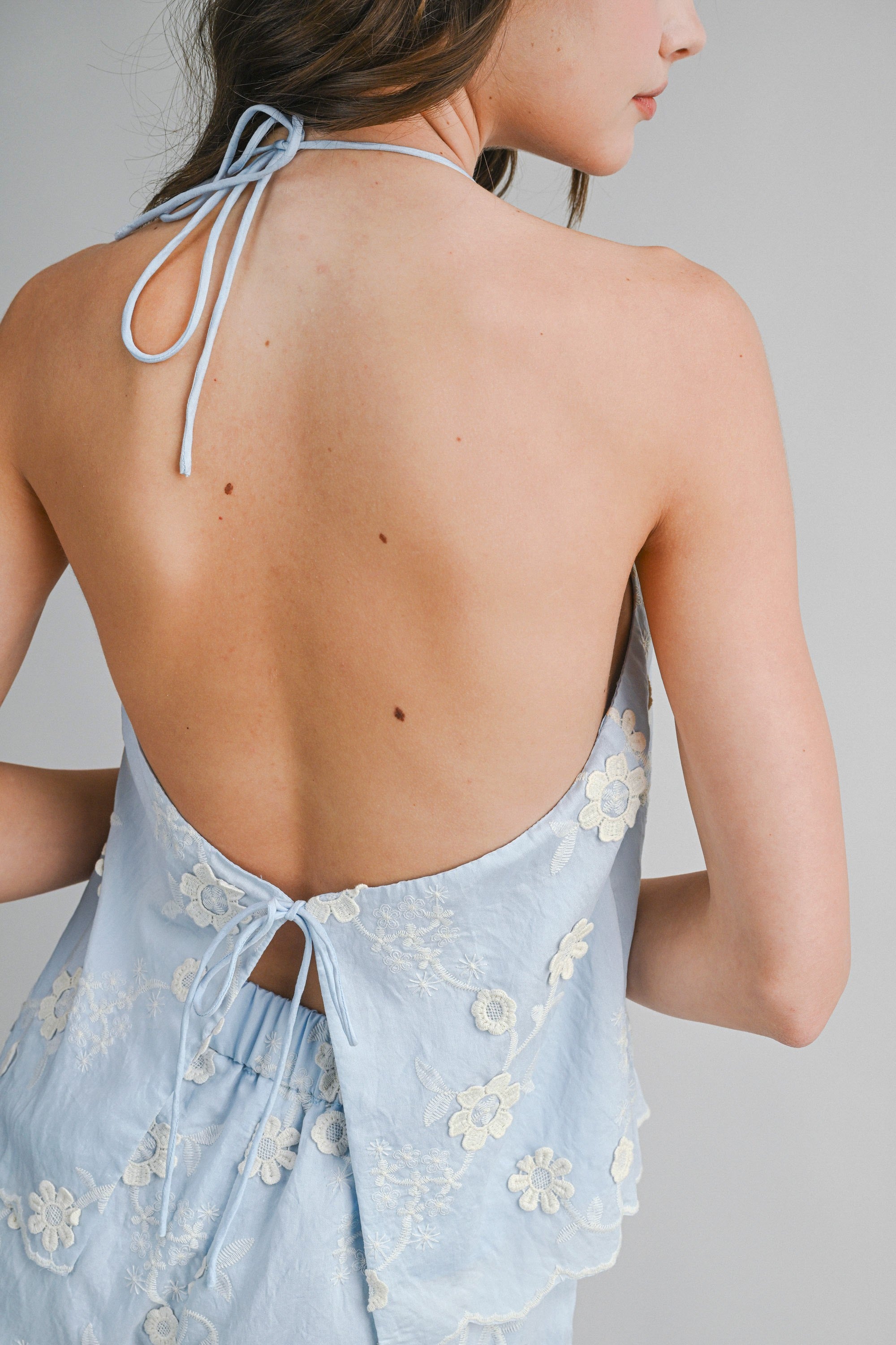 Embroidered Eyelet Halter Neck Top And Shorts Set