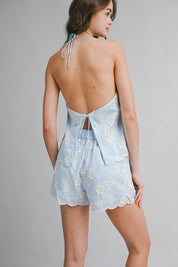 Embroidered Eyelet Halter Neck Top And Shorts Set