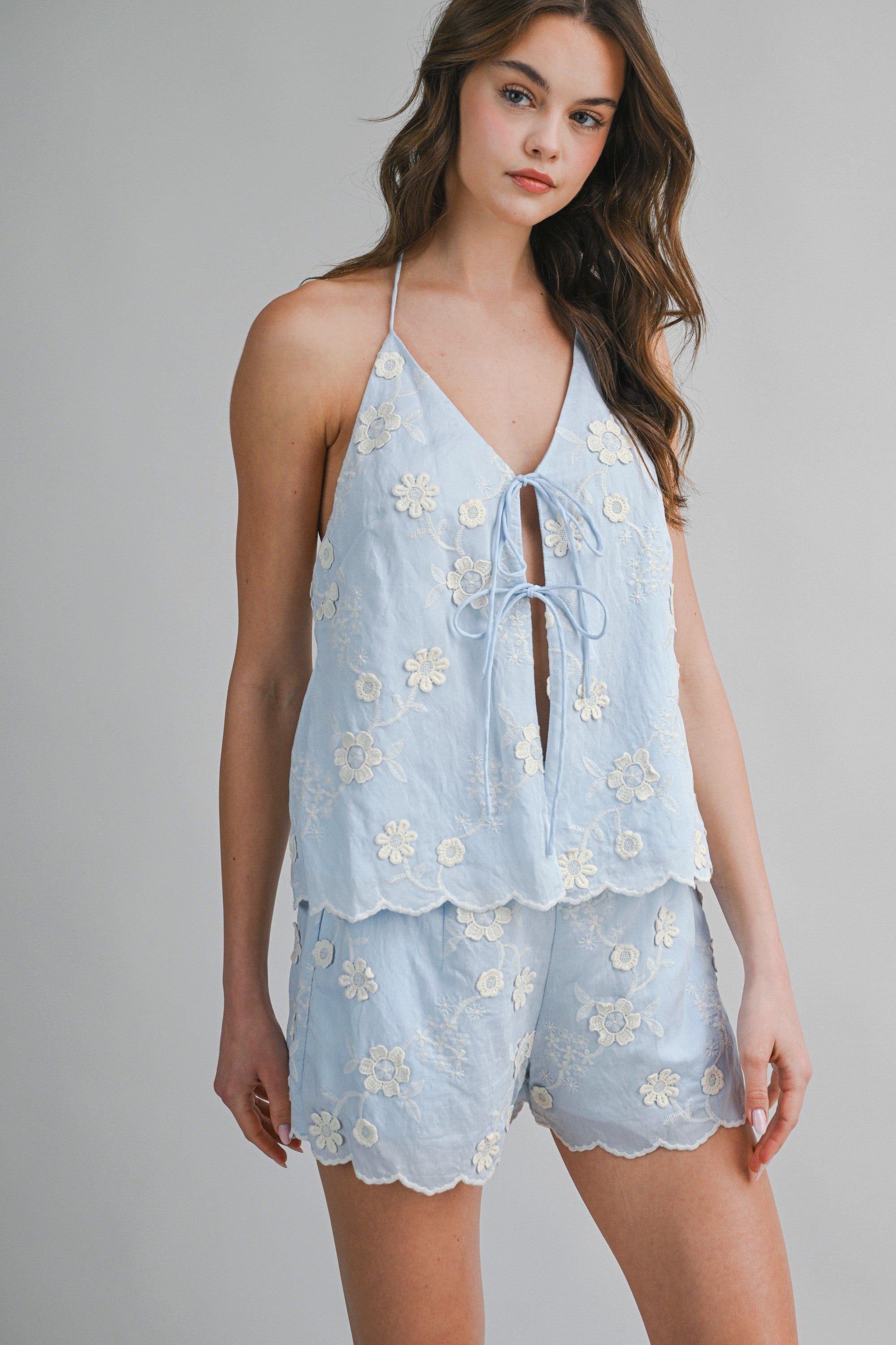 Embroidered Eyelet Halter Neck Top And Shorts Set
