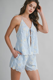 Embroidered Eyelet Halter Neck Top And Shorts Set