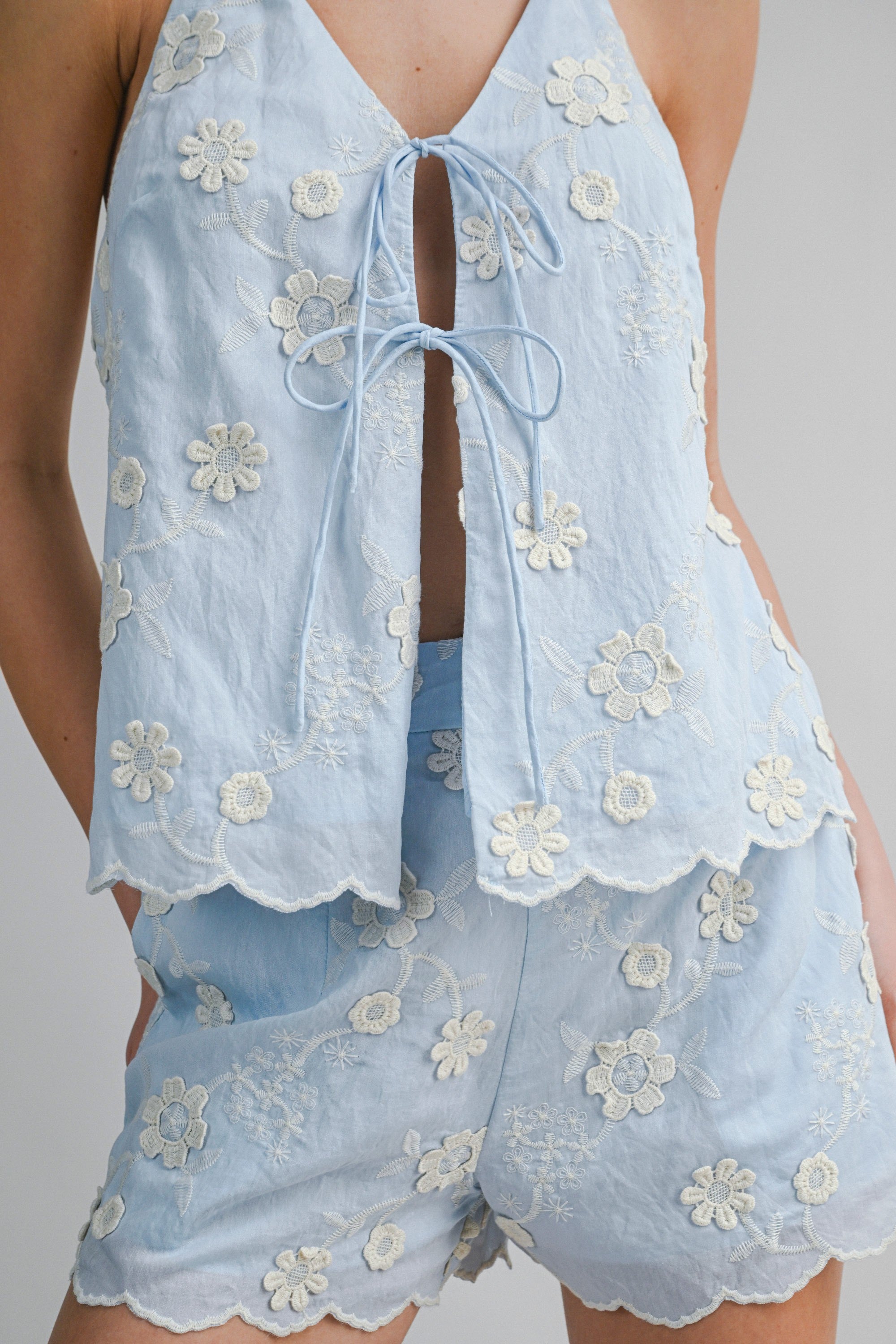 Embroidered Eyelet Halter Neck Top And Shorts Set