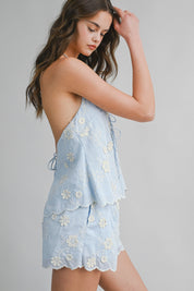 Embroidered Eyelet Halter Neck Top And Shorts Set