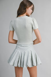 Sage Ribbed Button Knit Top And Mini Bubble Skirt Set