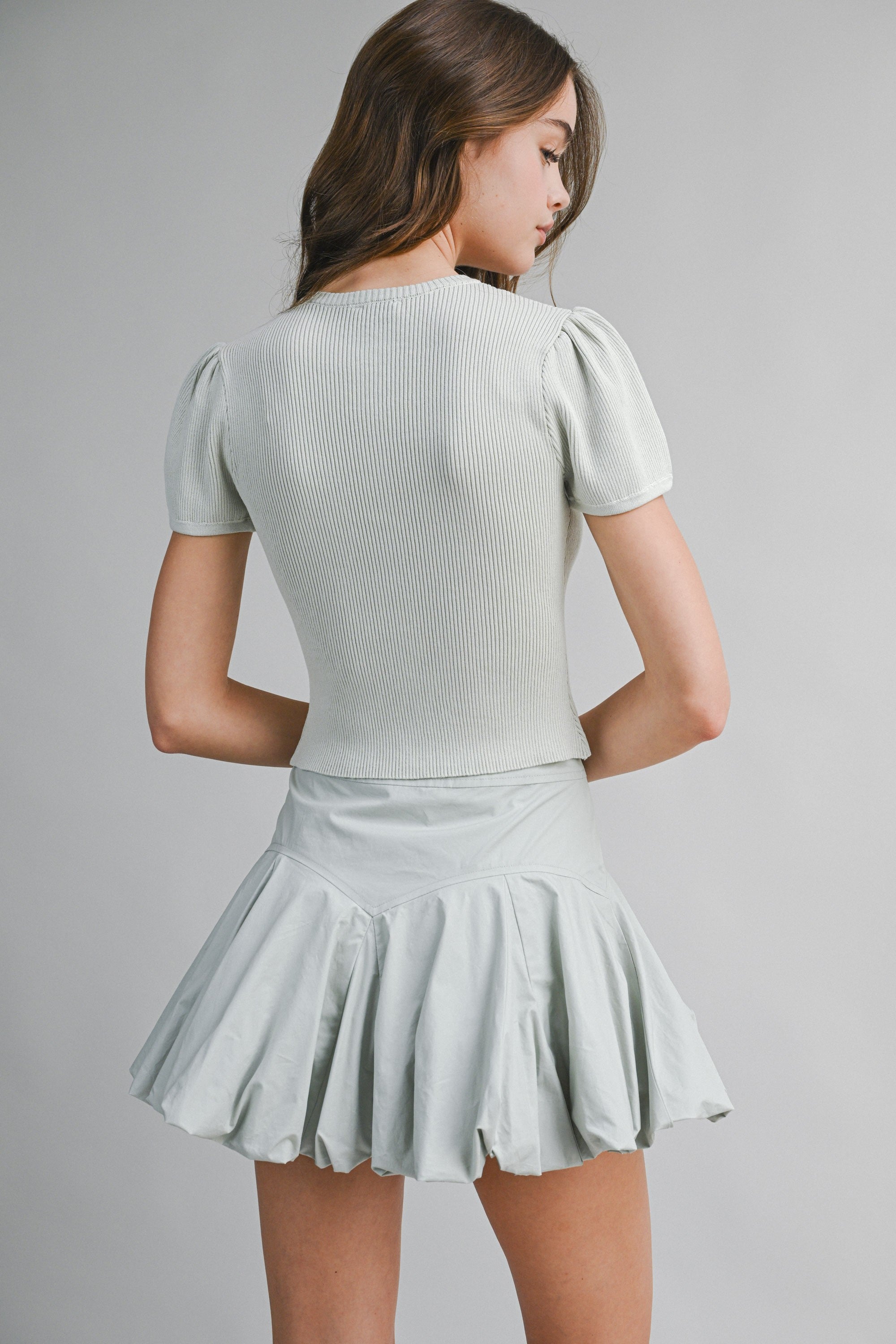 Sage Ribbed Button Knit Top And Mini Bubble Skirt Set