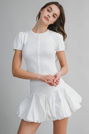 Off White Ribbed Button Knit Top And Mini Bubble Skirt Set