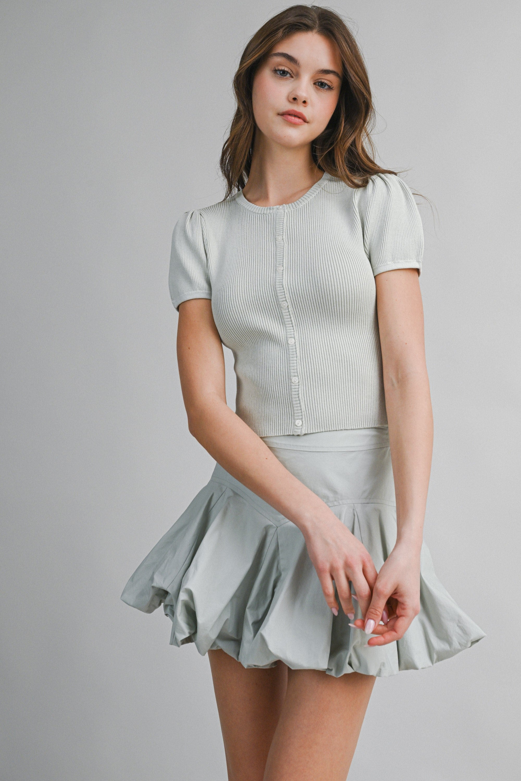 Sage Ribbed Button Knit Top And Mini Bubble Skirt Set