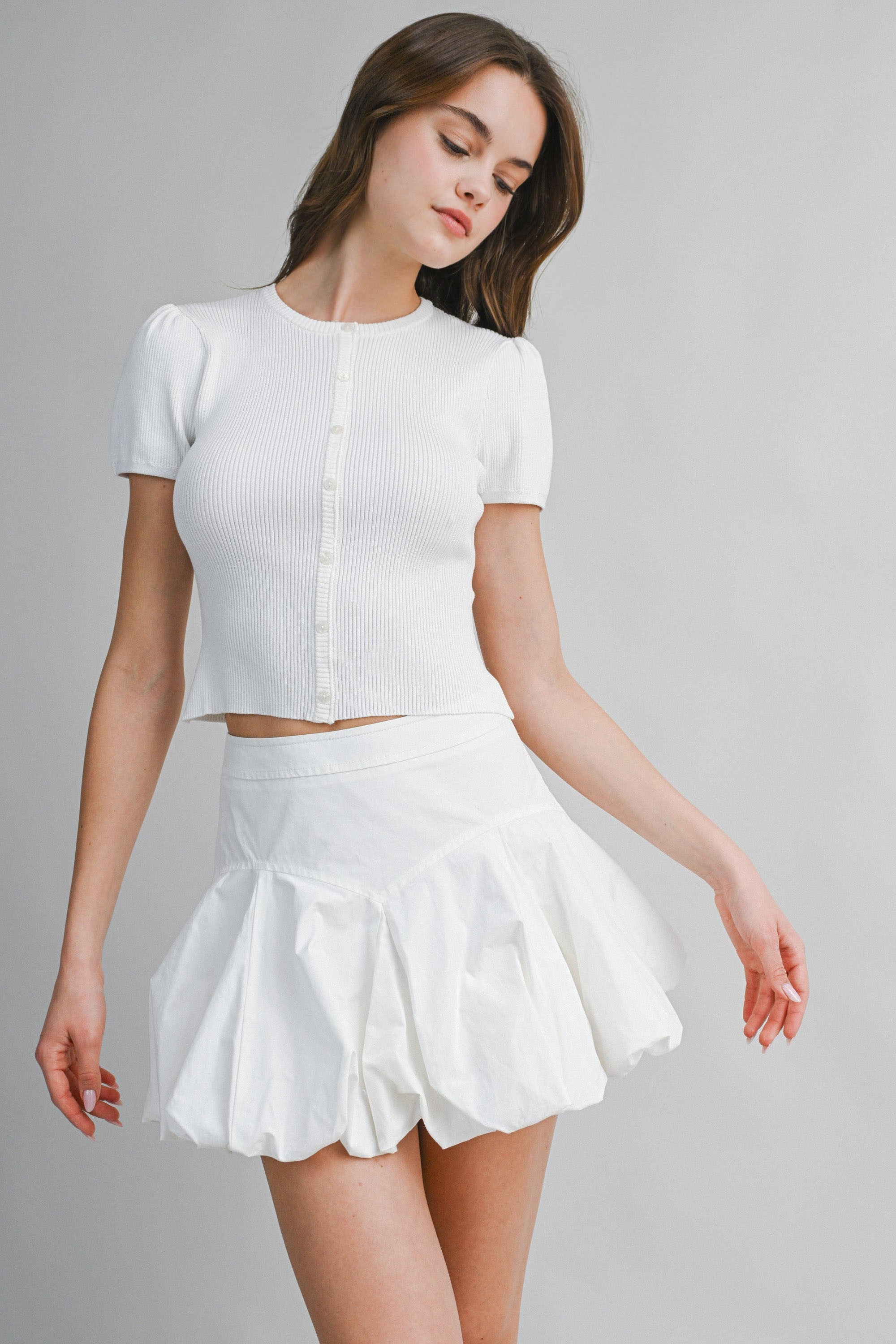 Ribbed Button Knit Top And Mini Bubble Skirt Set