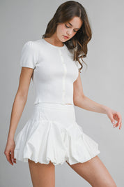 Off White Ribbed Button Knit Top And Mini Bubble Skirt Set