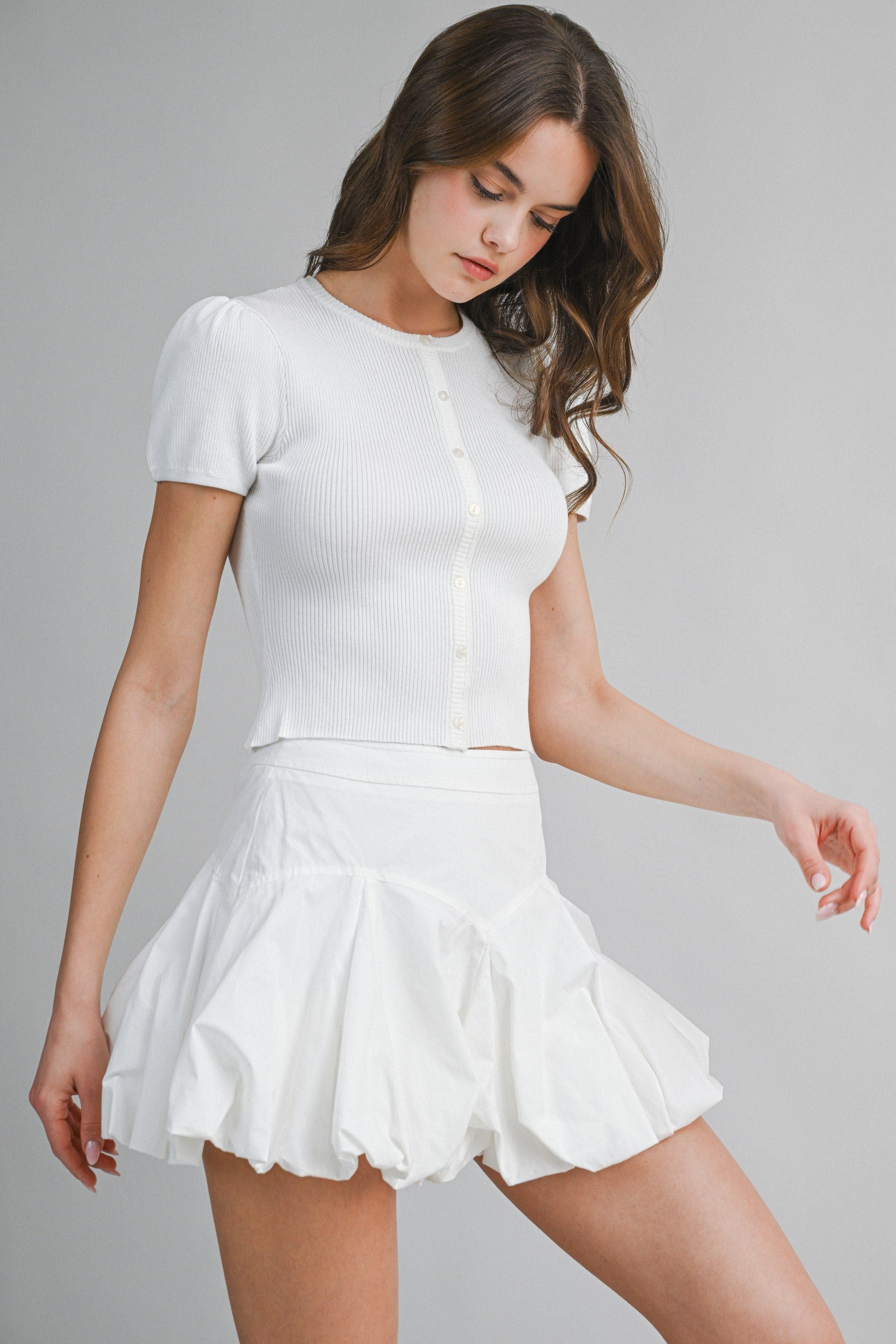 Off White Ribbed Button Knit Top And Mini Bubble Skirt Set