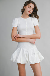 Ribbed Button Knit Top And Mini Bubble Skirt Set
