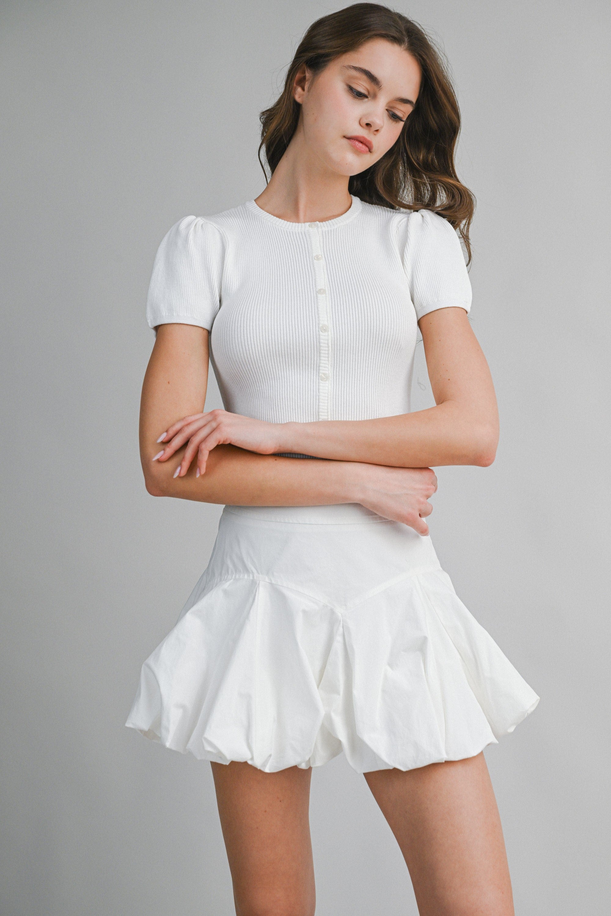 Ribbed Button Knit Top And Mini Bubble Skirt Set