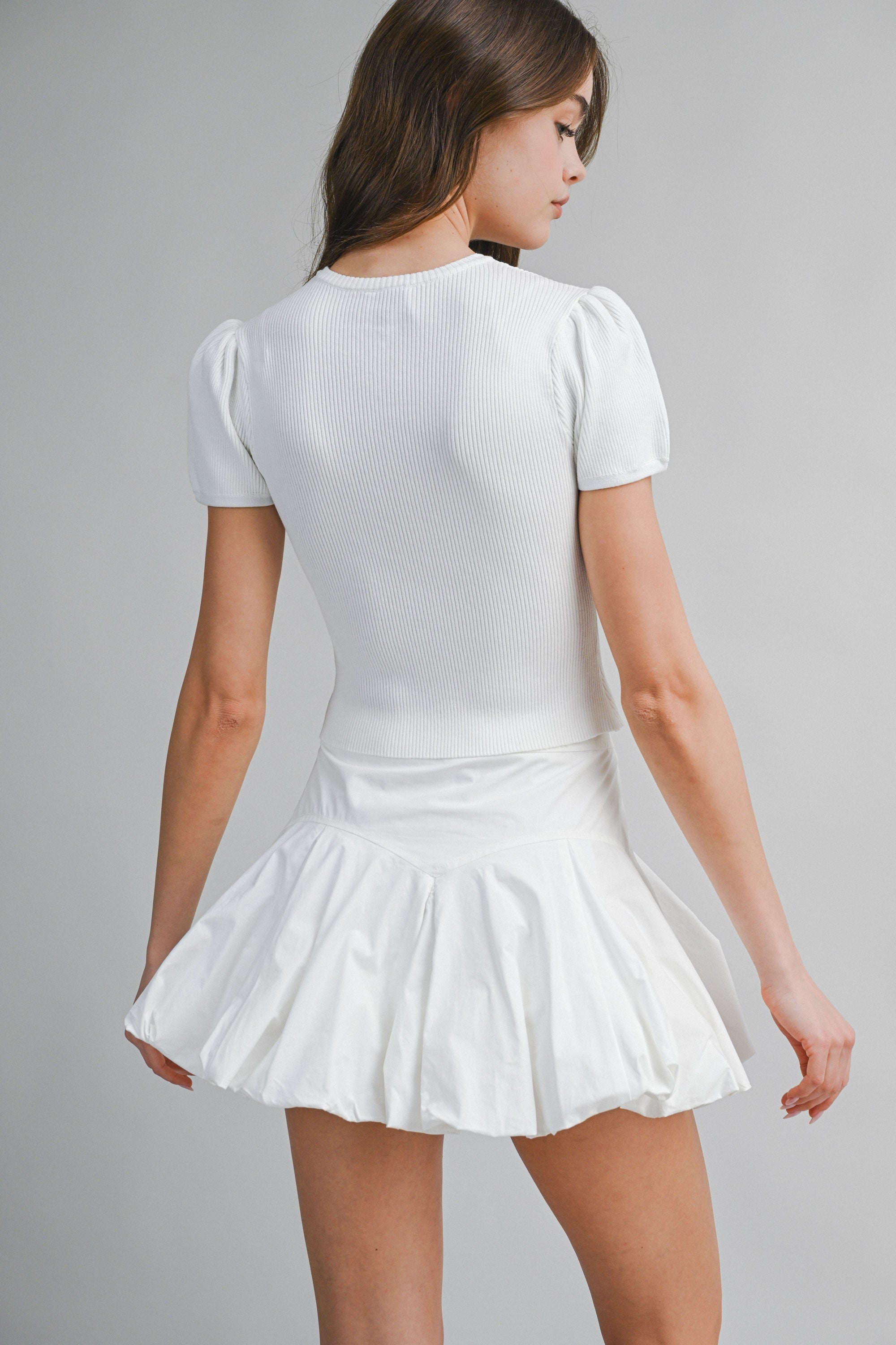 Ribbed Button Knit Top And Mini Bubble Skirt Set