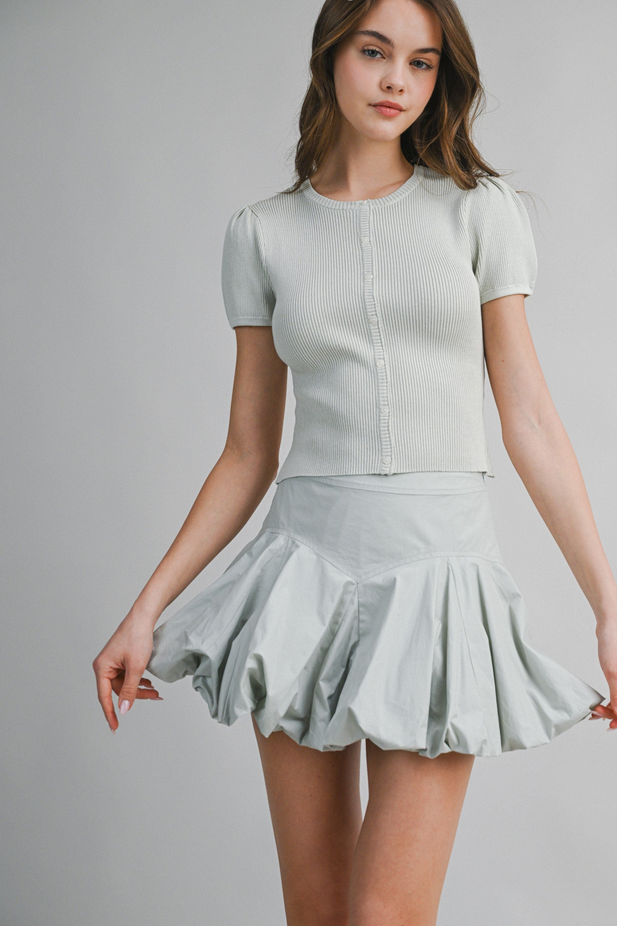 Sage Ribbed Button Knit Top And Mini Bubble Skirt Set