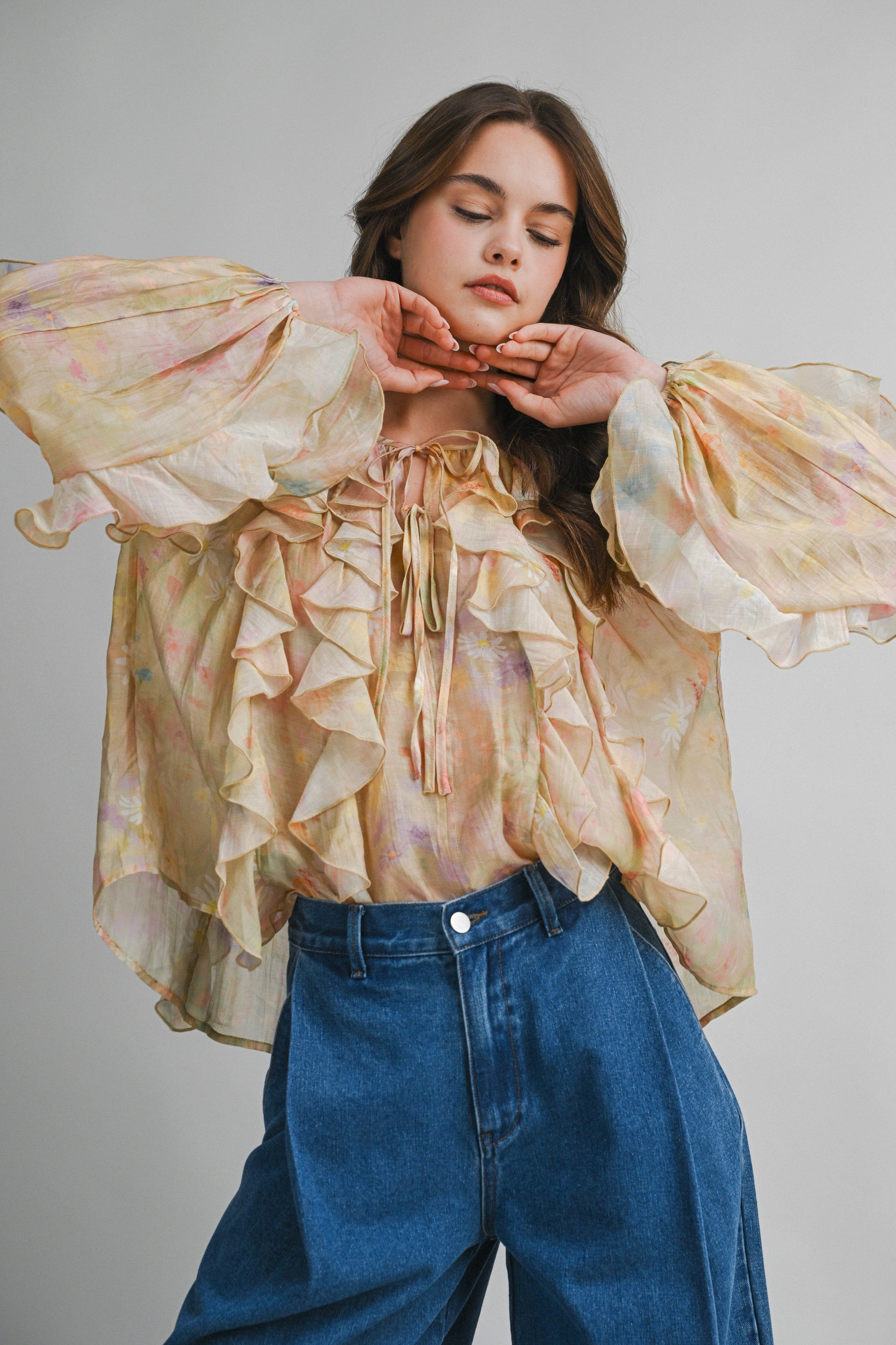 Sheer Floral Print Ruffled Long Sleeve Blouse Top