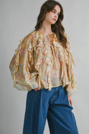 Sheer Floral Print Ruffled Long Sleeve Blouse Top