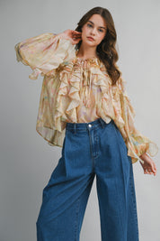 Sheer Floral Print Ruffled Long Sleeve Blouse Top