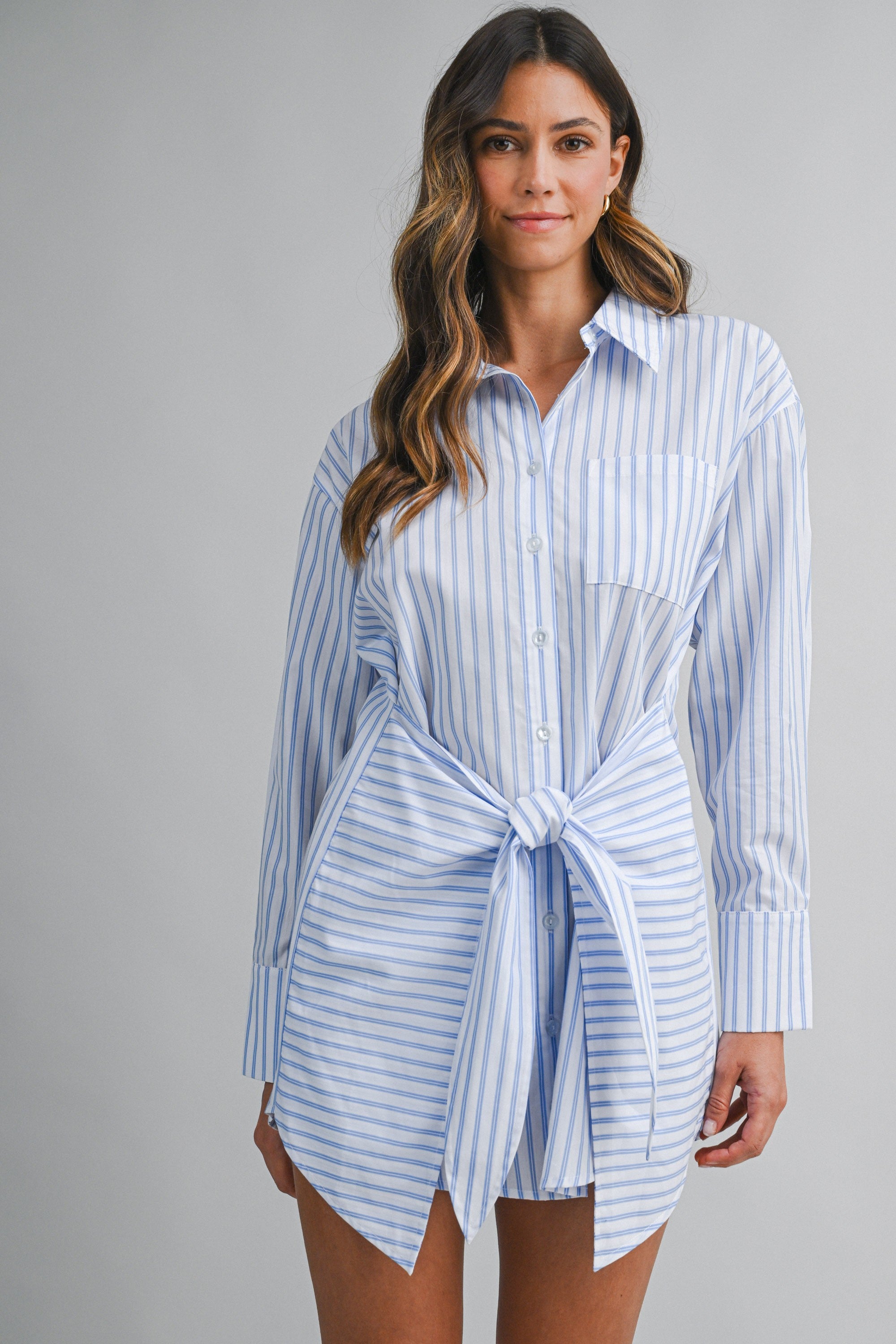 Striped Button Down Shirt Dress With Front Wrap Style Skirt