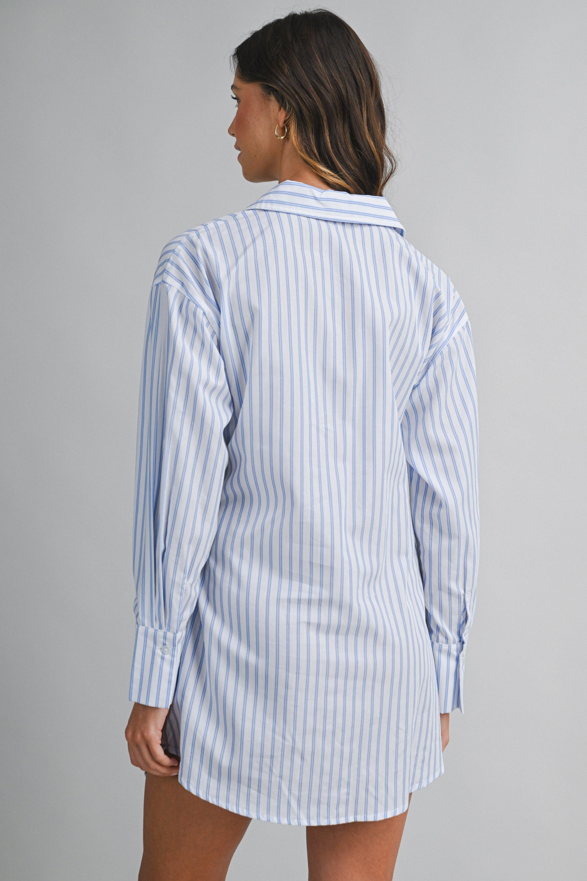 Striped Button Down Shirt Dress With Front Wrap Style Skirt