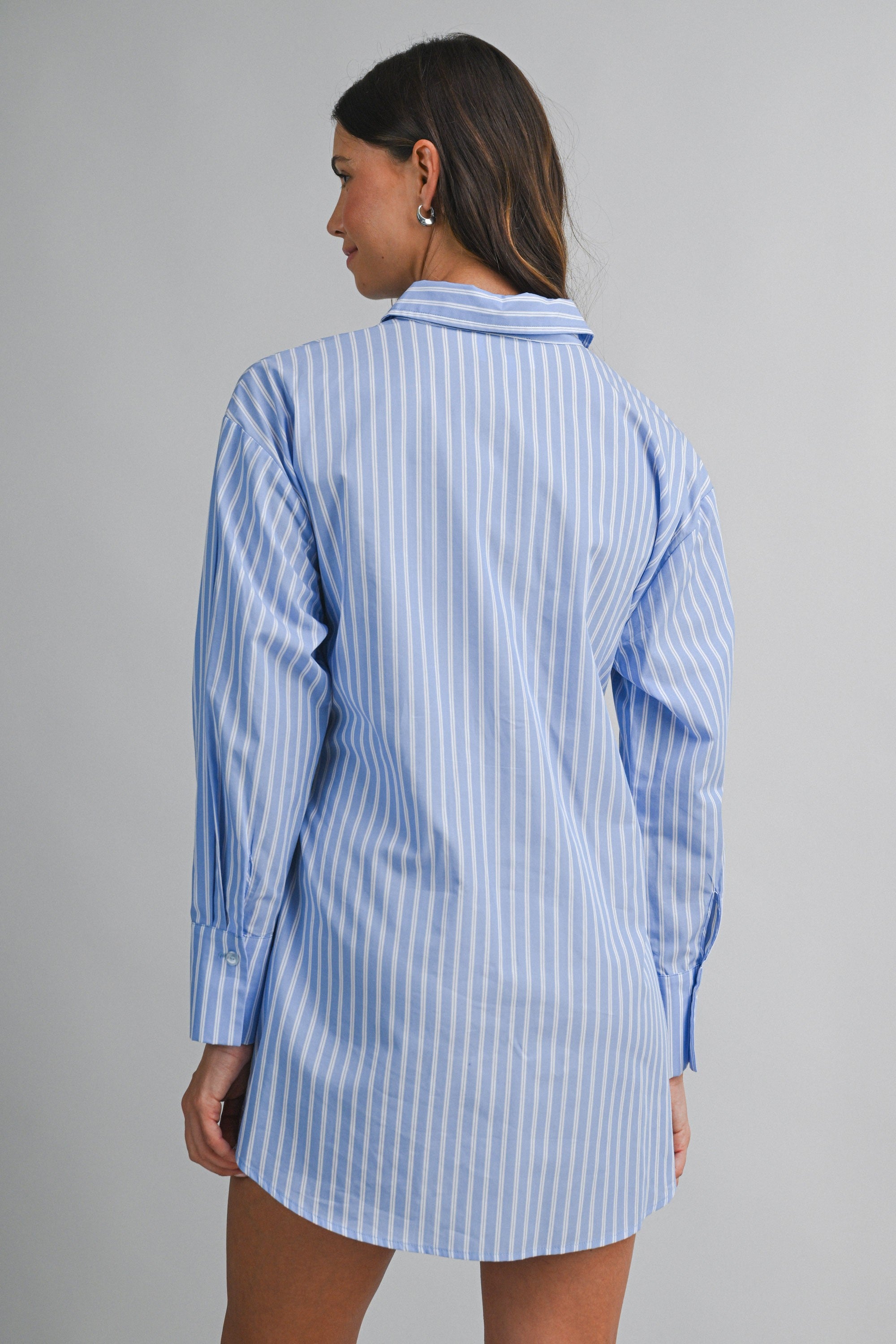 Striped Button Down Shirt Dress With Front Wrap Style Skirt