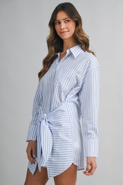 Striped Button Down Shirt Dress With Front Wrap Style Skirt