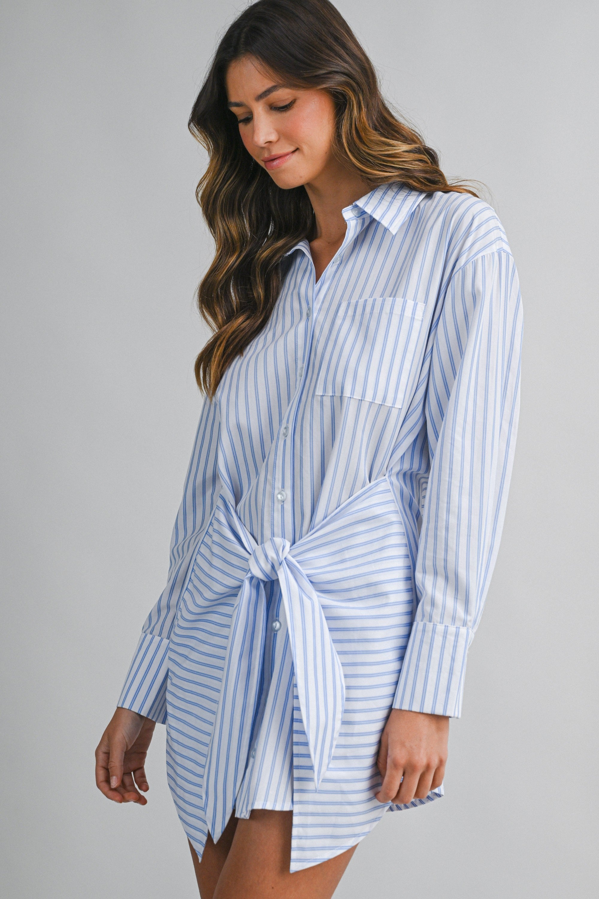 Striped Button Down Shirt Dress With Front Wrap Style Skirt