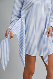 Striped Button Down Shirt Dress With Front Wrap Style Skirt