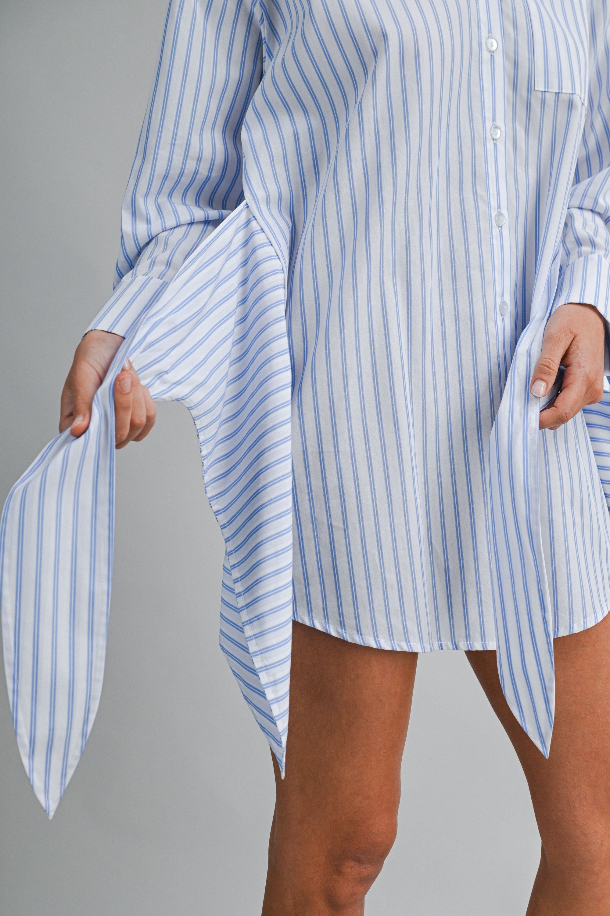 Striped Button Down Shirt Dress With Front Wrap Style Skirt